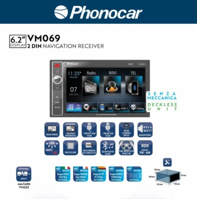 Radio Phonocar VM069 2 DIN Auto Multimedia 6,2" Navigationsgerät Bluetooth - Bild 1 von 3