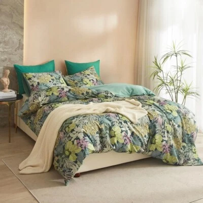 NUEVO Juego de edredón y farsa de ropa de cama boho tamaño king con estampado botánico verde antro Foto 1 de 4