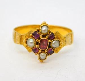 Victorian 18ct Yellow Gold, Ruby & Pearl Set Floral Dress Ring Antique c1860 - Picture 1 of 8