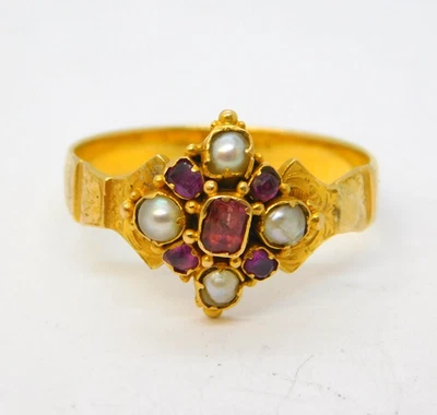 Victorian 18ct Yellow Gold, Ruby & Pearl Set Floral Dress Ring Antique c1860 - Image 1 of 4