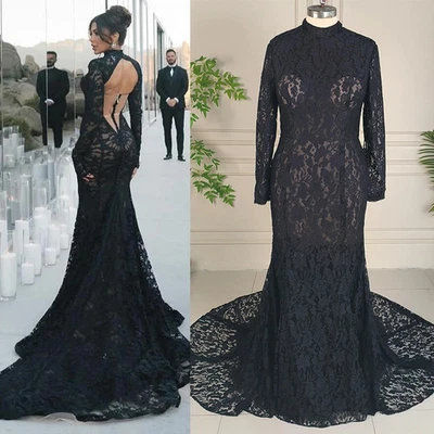  Sexy Black Mermaid Wedding Dresses High Neck Long Sleeves Backless Bridal Gowns - Image 1 of 4