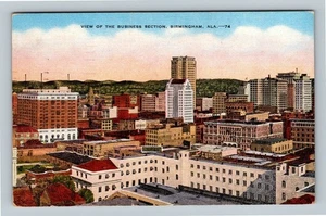 Birmingham AL, Bird's Eye Business District Skyline Linen Alabama c1945 Postcard - Picture 1 of 2