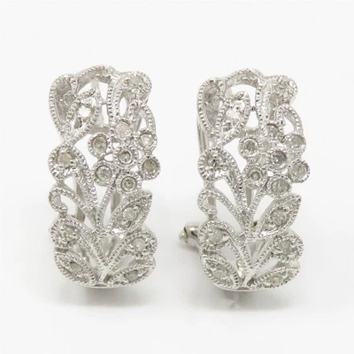 NYJEWEL White Gold 30 Diamond Floral Huggie Omega Back Earrings Signed JPI - Image 1 of 4