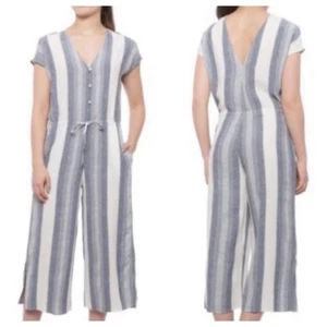 Cloth & Stone Striped Wide Leg Cropped Jumpsuit Women's Sz Medium Gray Linen - Picture 1 of 9