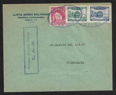 BOLIVIA ORURO TO COCHABAMBA FIRST L.A.B. AIR MAIL CACHET COVER 1929 - Image 1 of 2