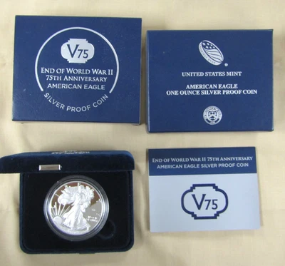 2020-W SILVER AMERICAN EAGLE PROOF V75 WWII ANNIVERSARY COIN OGP - Image 1 of 4