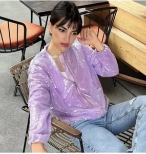 ZARA WOMAN NWT SS23 NWT SEQUIN BOMBER JACKET LILAC SIZES  S 3450/064 - Picture 1 of 9
