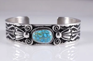 Andy Cadman Navajo Sterling Silver Stacker Cuff Bracelet Kingman Turquoise - Picture 1 of 9