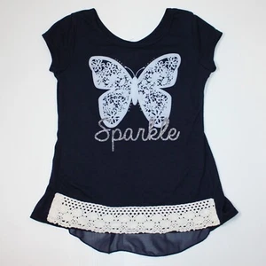 Jenna & Jessie USA Girl's Sparkle Butterfly Split Back Navy Blue Tee Top size 8 - Picture 1 of 3
