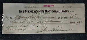 1940 Merchants National Bank of Fort Smith, Arkansas, Bank Check $6. T7928 - Picture 1 of 6