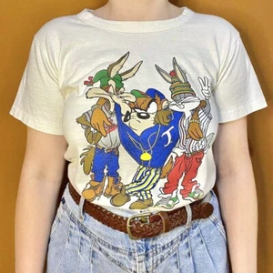 Vintage 1993 white Looney Tunes hip hop gang front/back shirt size Small - Picture 1 of 9