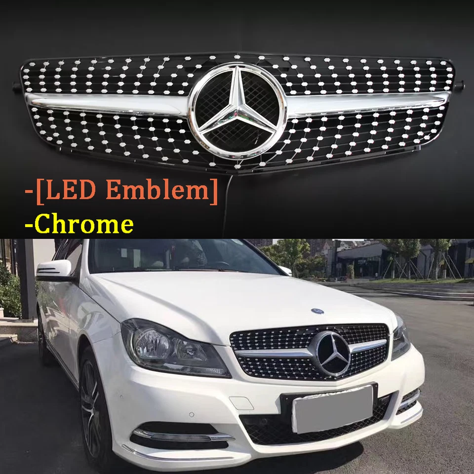Front Grill w/LED Emblem For Mercedes Benz W204 C250 C300 C350 2008-2014 Grille - Image 1 of 4
