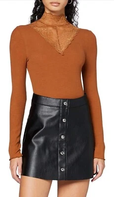 PIECES Siri Ls T-Neck Top Blouse Women's XS Lace Mock Neck Tight Transparent - Image 1 of 4