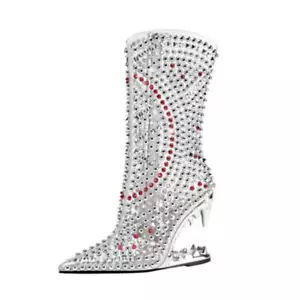 Damen-Stiefel mit spitz zulaufend ganz Strass Dekor spezielle Absätze seitlicher Reißverschluss knienhoch - Bild 1 von 15