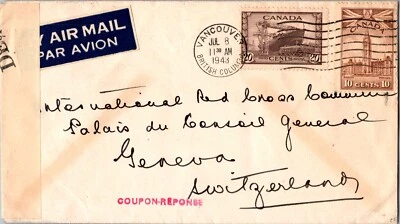 1943 Canada Vancouver Censored Cover To Red Cross Committee Geneva Switzerland Foto 1 de 2