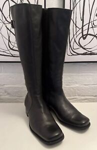 Clarks Boots Black Leather Knee Block Heel Sz 6.5 E Wide -(Stretch Panel)