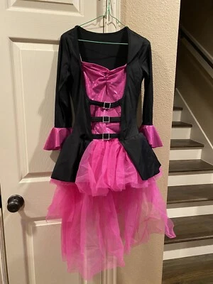 复古热粉色蓬蓬裙服装带 2 个女巫帽、1 个顶帽和黑色打底裤 — 第 1/4 张图片