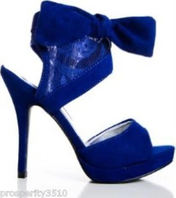 Peacock Blue Violet Blue Stilettos Bow Mesh Lace Heel Shoes Size 7 - Image 1 of 4
