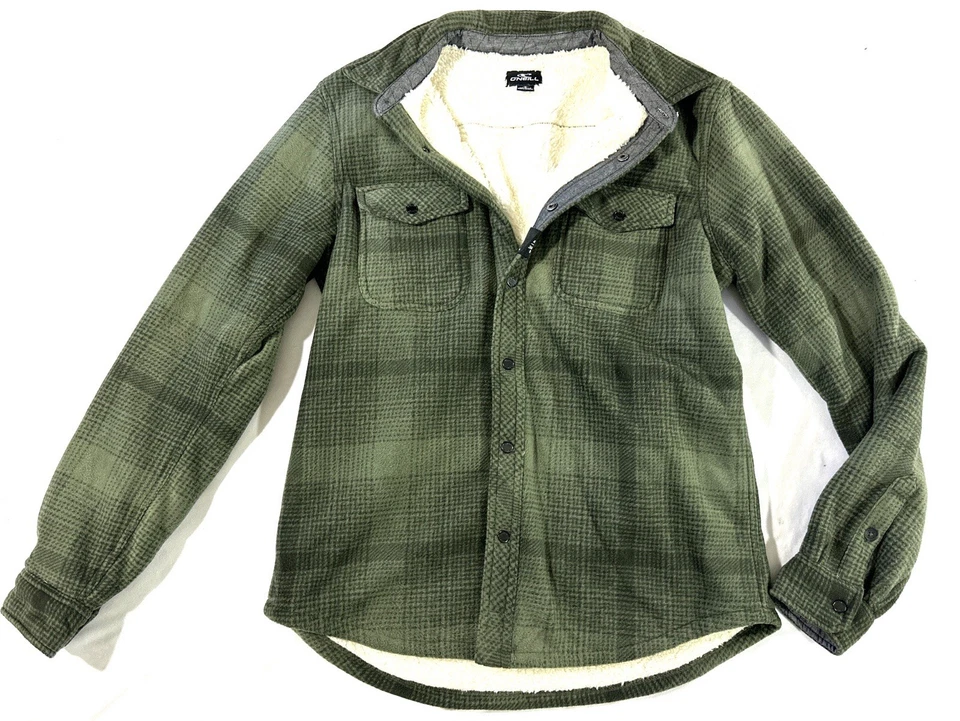 O’Neill Men’s Sherpa Lined Shacket Jacket Green Plaid Snap Front Size M - Image 1 of 4