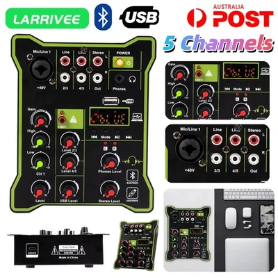 LARRIVEE 5 Channel Audio Mixer Bluetooth Sound Mixing Console Stereo Live DJ USB - Image 1 of 4