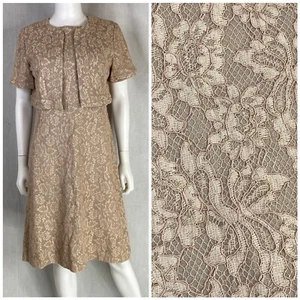 Vintage 50s taupe lace pastel pink trim knee length dress w/ jacket wedding S/M - Picture 1 of 19
