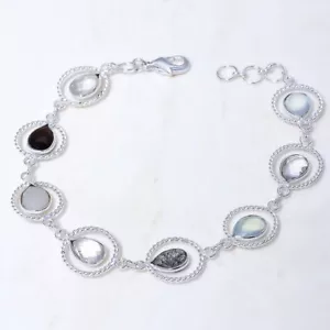 Faceted Black Rutile Quartz, Multi Gemstone Silver Bracelet 7-8" BRJ18288 - Picture 1 of 2