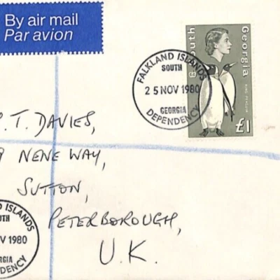 Falklands SOUTH GEORGIA Cover Registered QEII £1 PENGUINS High Value 1980 ZT38 - Image 1 of 4