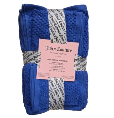 Juicy Couture Set of 6 BLUE Bath Set - Towel, Hand towel, Washcloth 100% Cotton - Image 1 of 3