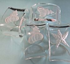 Set 4 Clear Transparent Lucite Acrylic Etched Shell Napkin Rings Ocean Seashore