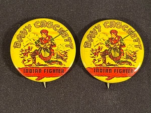 Two 1950s Davy Crockett Indian Fighter Pin Back Buttons ~ EUC - Picture 1 of 6
