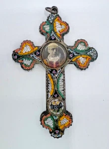 Vintage Micro Mosaic 3" Cross Pendant Pope Pius XII Rome Brass, 20th Century - Picture 1 of 7