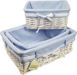 Set of 3 Wicker Storage Basket White Gift Hamper Box With Blue Removable Lining - Picture 1 of 8