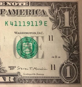 Five of a Kind Gas pump9 ☆ 41119119 Fancy Serial Number One Dollar Bill Trinary - Picture 1 of 5