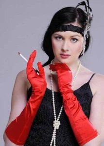 Ladies 20s Flapper Long Red Satin Gloves - Picture 1 of 1