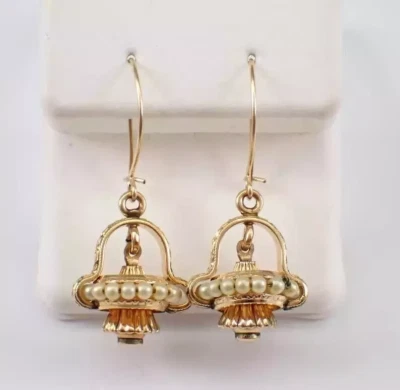 1Ct Round Cut Genuine White Pearl Vintage Dangle Earrings 14K Yellow Gold Plated - Image 1 of 4