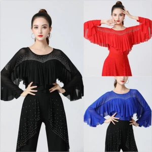 Mujeres Top de Salón Moderno Blusa de Baile Vals Tango Volantes Malla Disfraz Nuevo - Imagen 1 de 14