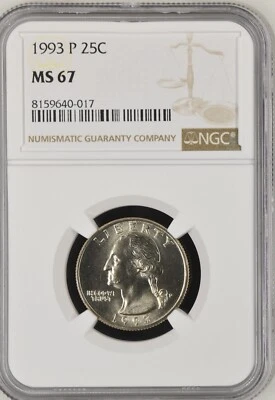 1993-P 25C  Washington Quarter Dollar NGC  MS67  8159640-017 - Image 1 of 2