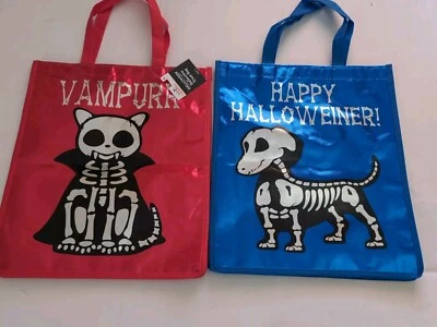 Halloween Treat Bags Large Tote Reflective Vampire Cat Party 14x12 LOT of 2 — 第 1/4 张图片