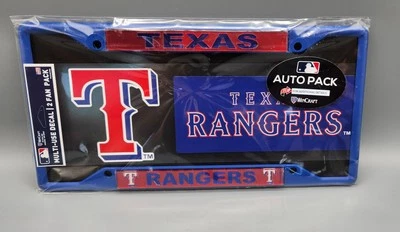 Marco de matrícula de metal y calcomanía metálica Texas Rangers Auto Pack One Foto 1 de 4