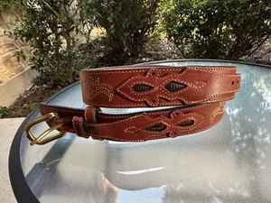 Larry Mahan Western Stitched Belt Lizard Leather Solid Brass Buckle Size 30 - Picture 1 of 11