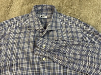 Kiton Napoli Camicia Abito Lusso Plaid Cotone 15,5/39 Blu Bianco Check Made Italy - Immagine 1 di 4