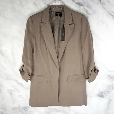 NUEVO CON ETIQUETAS Chaqueta Blazer Tahari Puños Manga Cuarto Frente Abierto Minimalista Taupe XS Foto 1 de 4