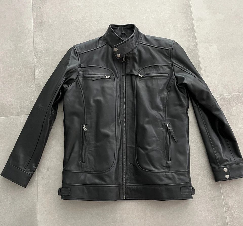 NEW NYC Cafe Racer Black Leather Motorcycle Jacket Medium Biker Zip Snap Collar - Image 1 of 4