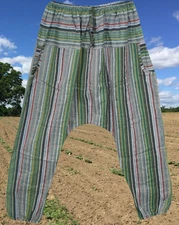 Boho Hippie Cotton Harem Pant Green Stripe Beach Yoga Pirate Harem Cuff Pant SML