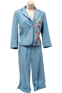 To the Max Womens 2-Piece Suit Blazer 8 Cropped Pants 6 Blue Linen Embroidered - Picture 1 of 8
