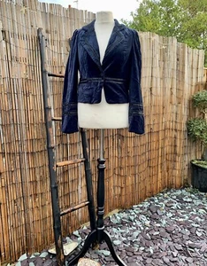 GH Brand Navy Embroidered Velvet Steampunk Victorian Fitted Boho Jacket Size 40 - Picture 1 of 8
