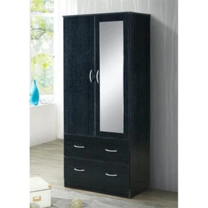 Hodedah 2 Door Armoire with 2 Drawers and Clothing Rod plus Mirror in Black Wood - Picture 1 of 5