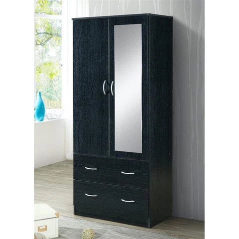 Hodedah 2 Door Armoire with 2 Drawers and Clothing Rod plus Mirror in Black Wood Cover