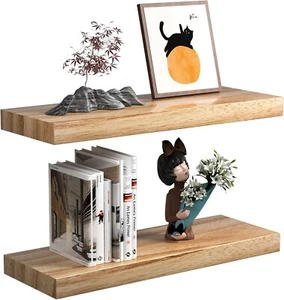 Floating Shelves, Natural Solid Wood Shelf Set of 2, Wall Shelves with Invisible - Picture 1 of 7