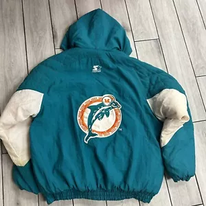 Miami Dolphins 90s STARTER puffer jacket XL teal NFL Pro Line vintage zip davanti - Foto 1 di 10